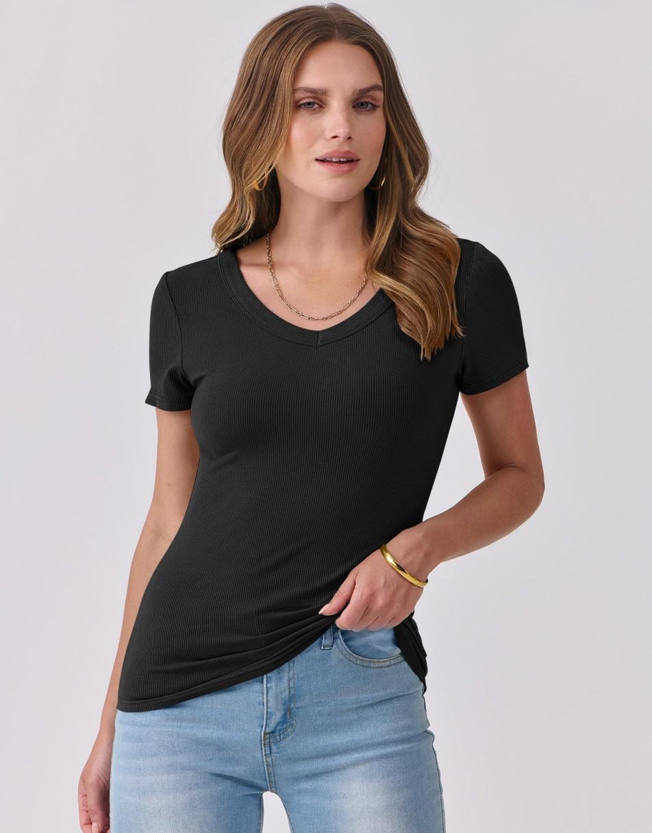 ANRABESS Fitted Ribbed V-Neck Short Sleeve Top