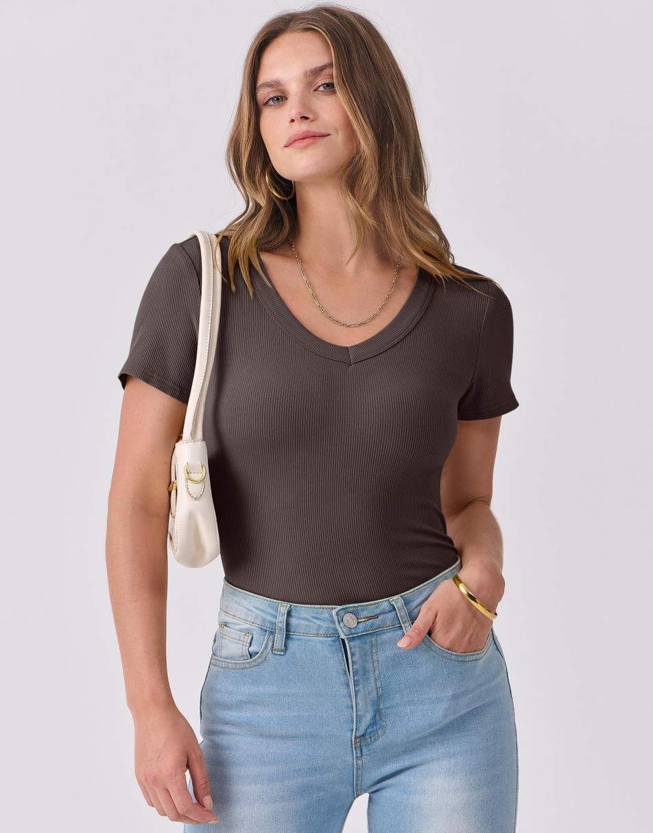 ANRABESS Fitted Ribbed V-Neck Short Sleeve Top