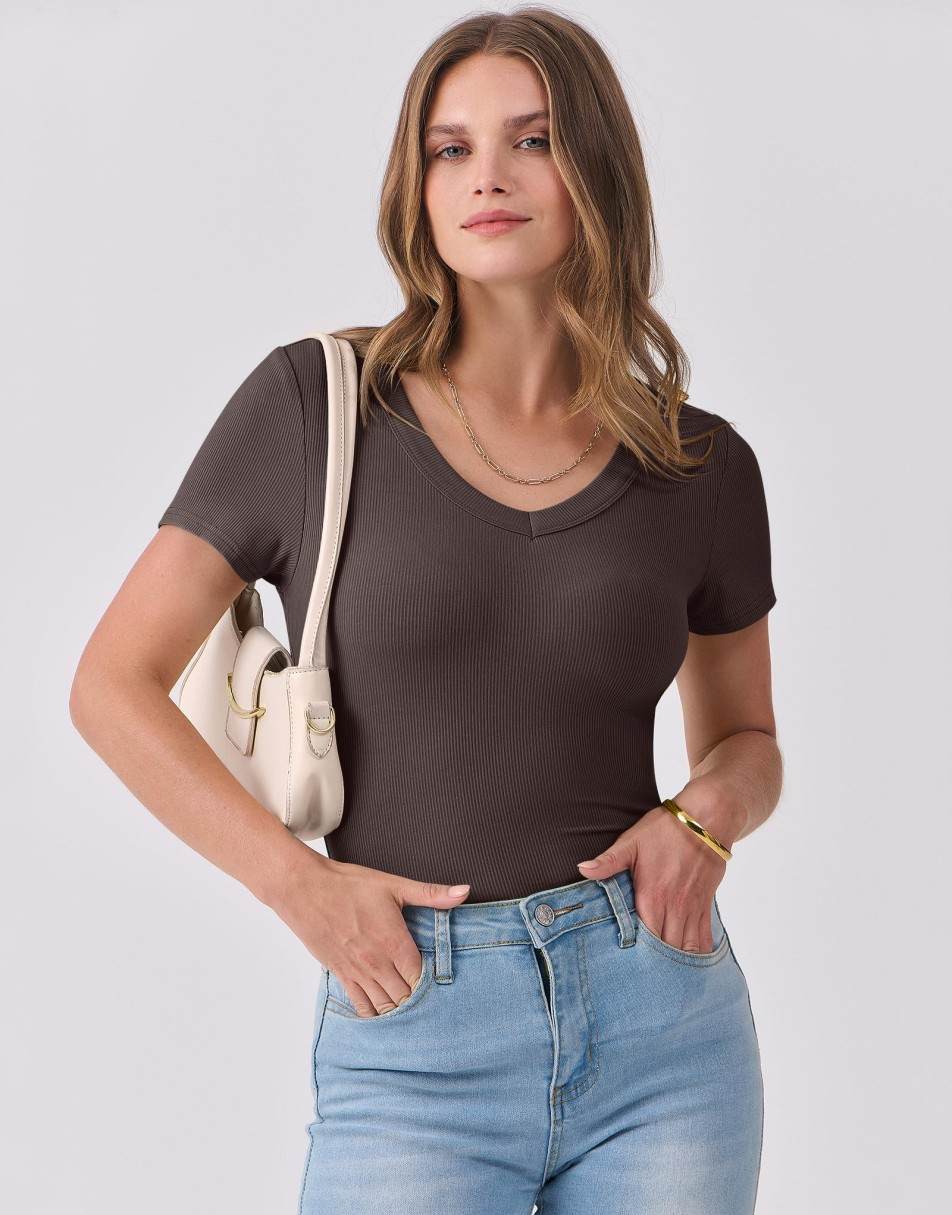 ANRABESS Fitted Ribbed V-Neck Short Sleeve Top
