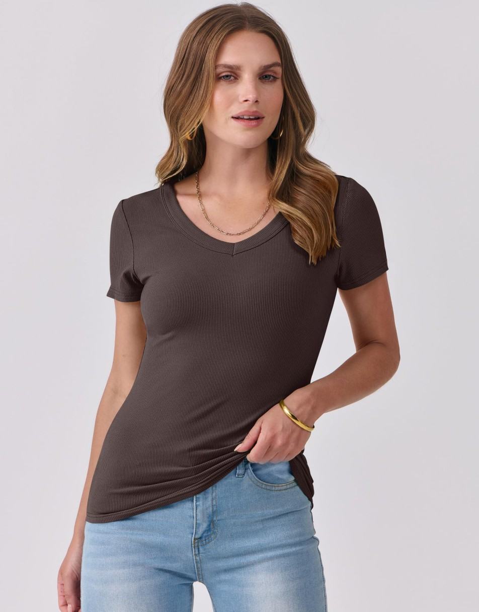 ANRABESS Fitted Ribbed V-Neck Short Sleeve Top