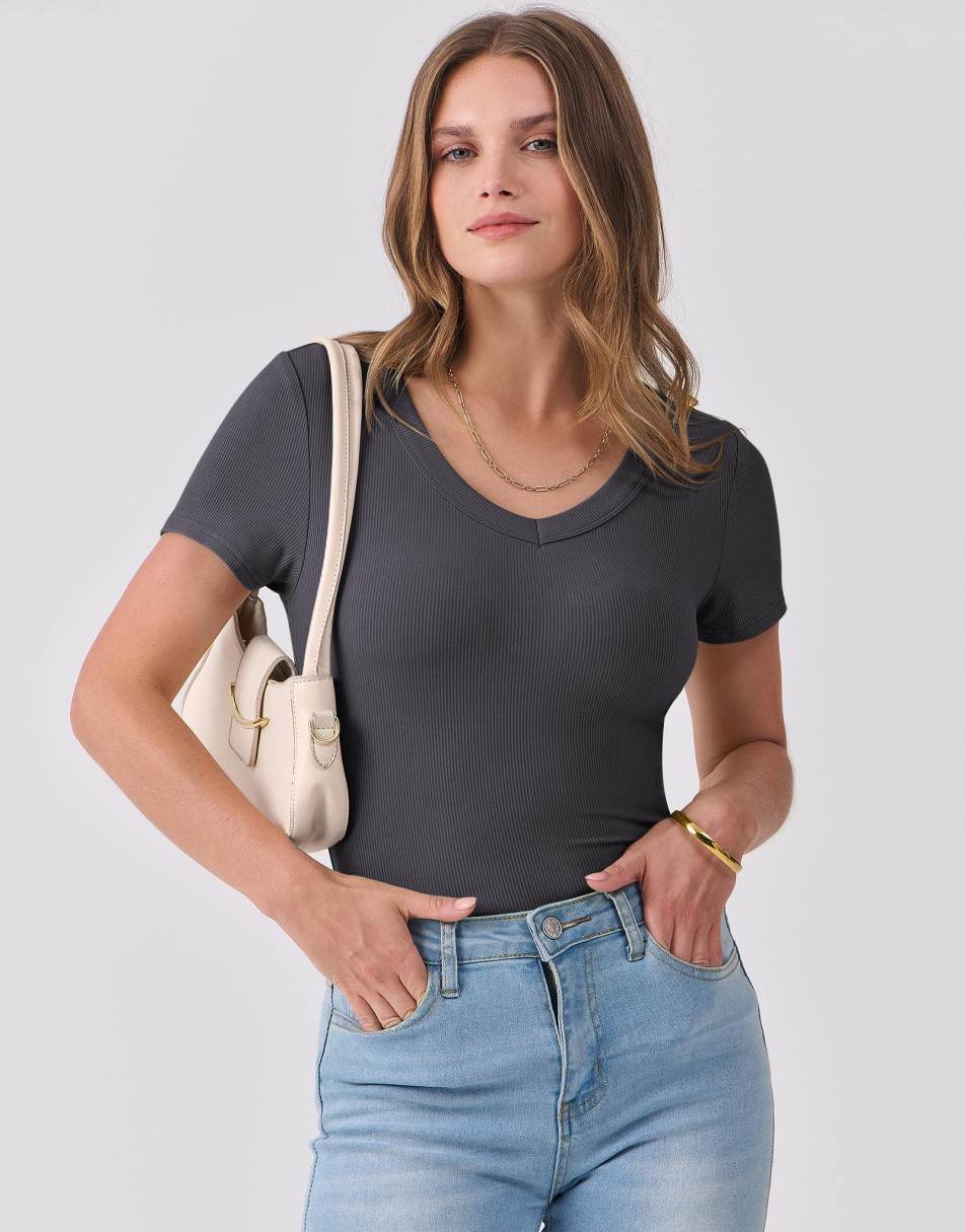 ANRABESS Fitted Ribbed V-Neck Short Sleeve Top