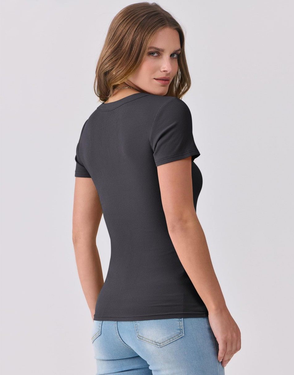 ANRABESS Fitted Ribbed V-Neck Short Sleeve Top