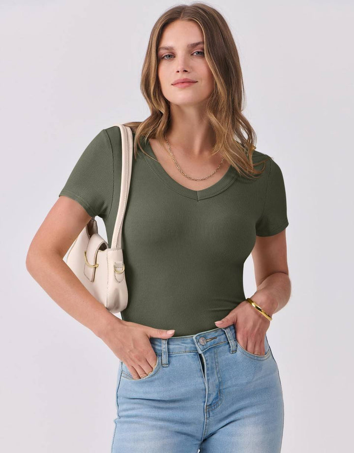 ANRABESS Fitted Ribbed V-Neck Short Sleeve Top