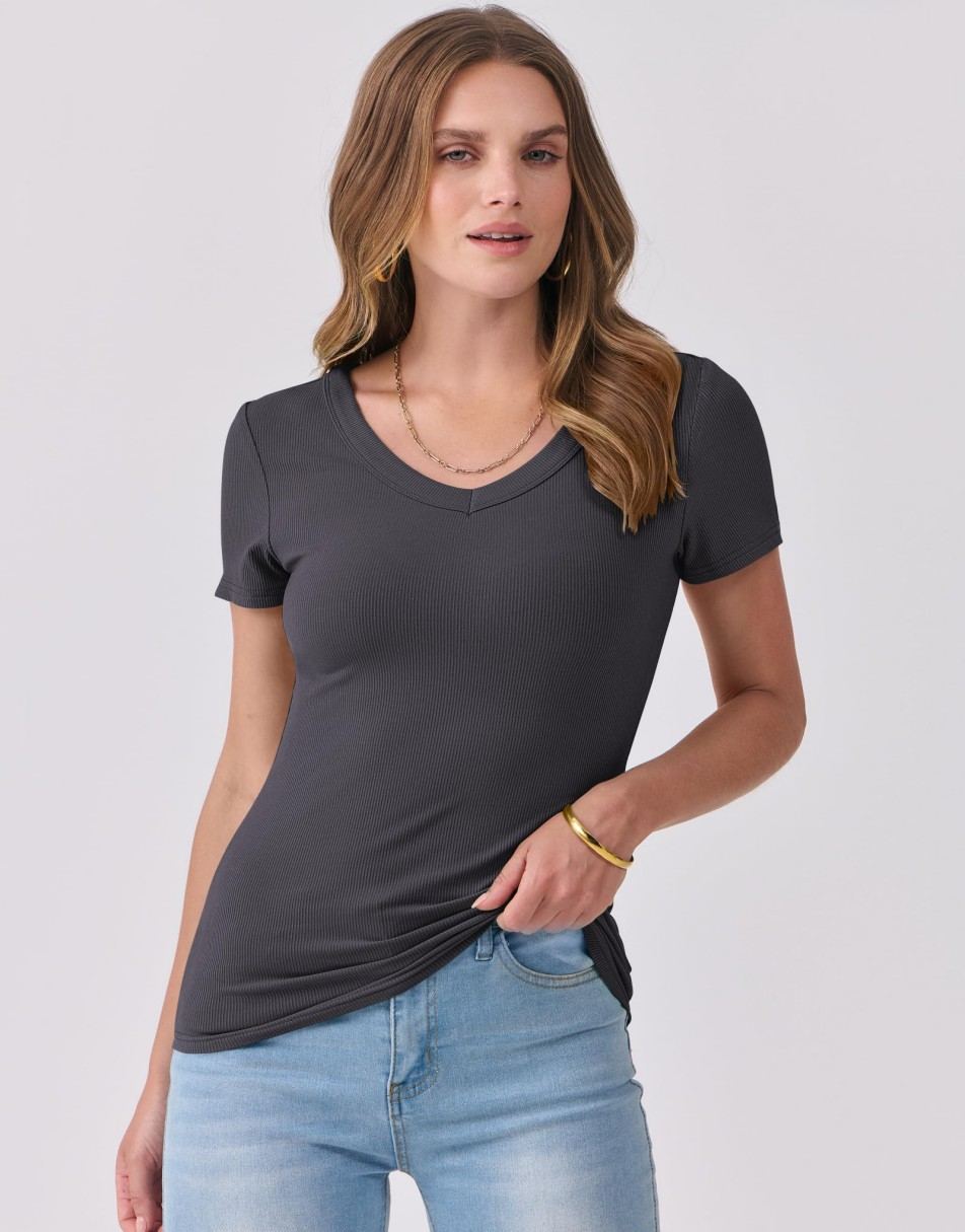 ANRABESS Fitted Ribbed V-Neck Short Sleeve Top