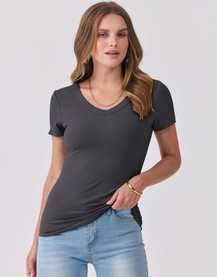 ANRABESS Fitted Ribbed V-Neck Short Sleeve Top