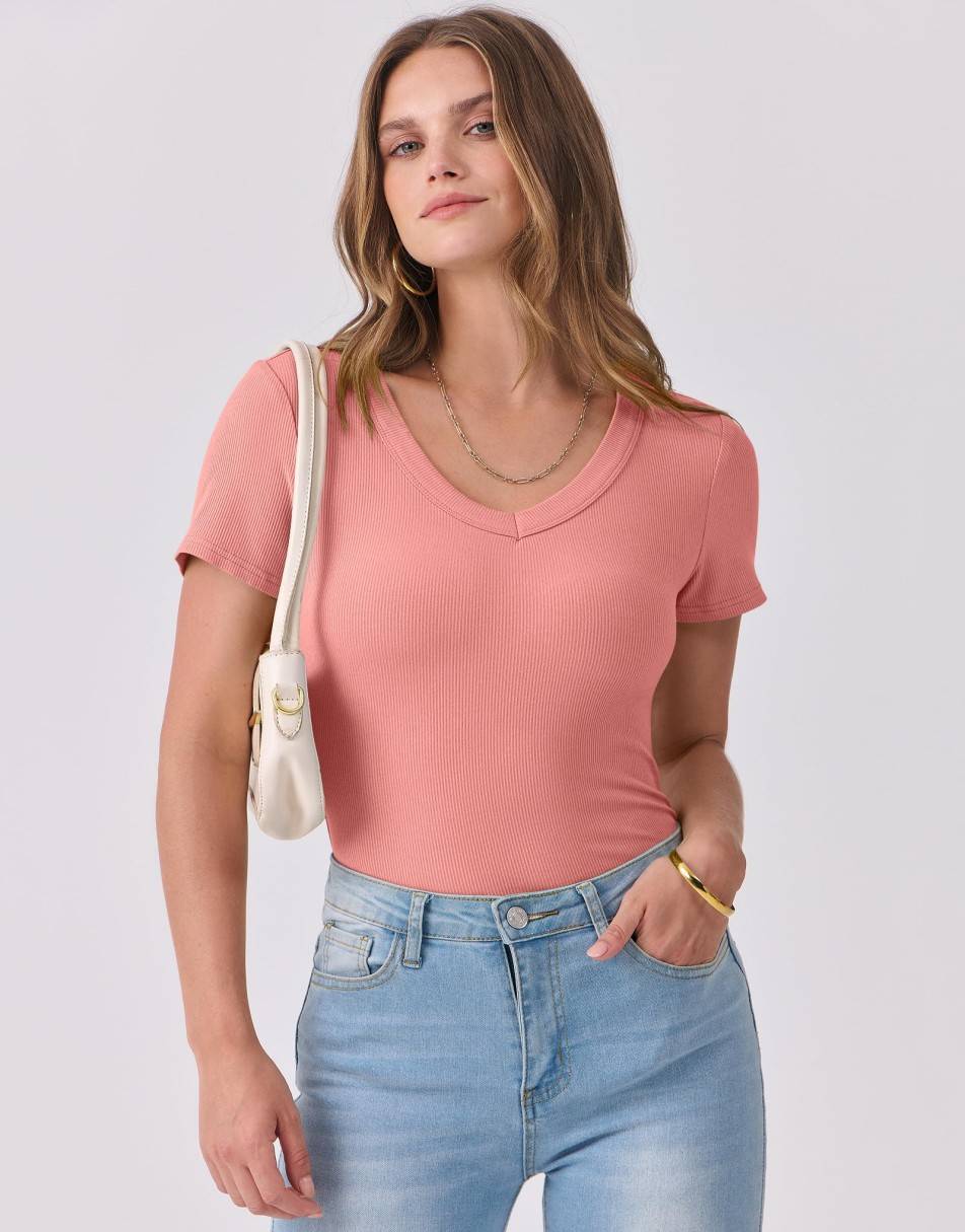 ANRABESS Fitted Ribbed V-Neck Short Sleeve Top