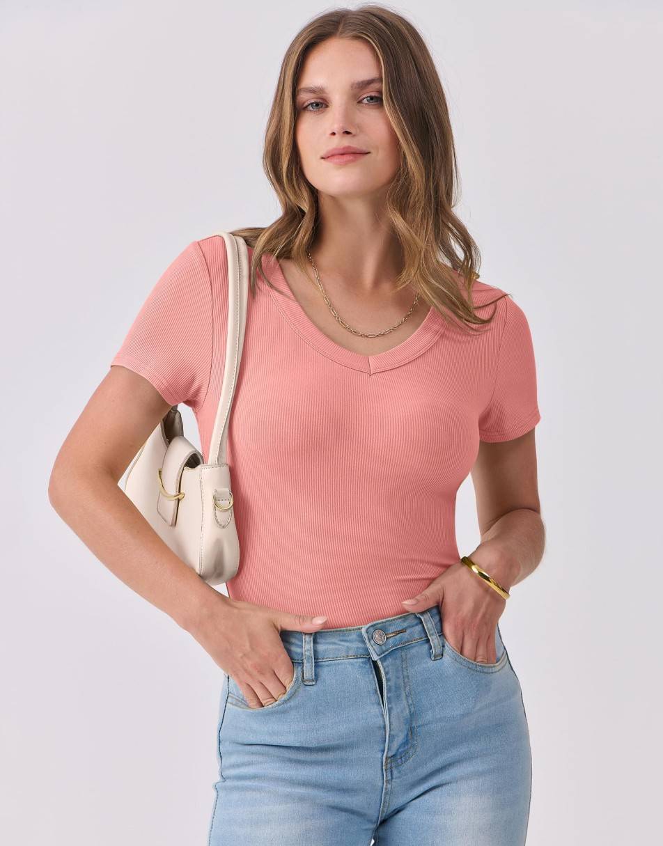ANRABESS Fitted Ribbed V-Neck Short Sleeve Top