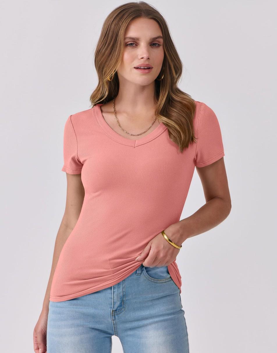 ANRABESS Fitted Ribbed V-Neck Short Sleeve Top