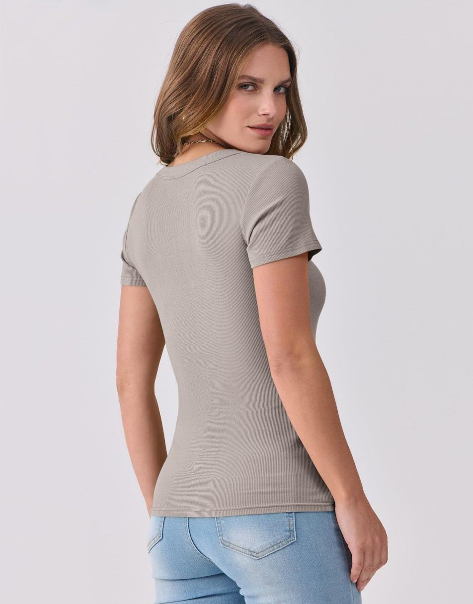 ANRABESS Fitted Ribbed V-Neck Short Sleeve Top