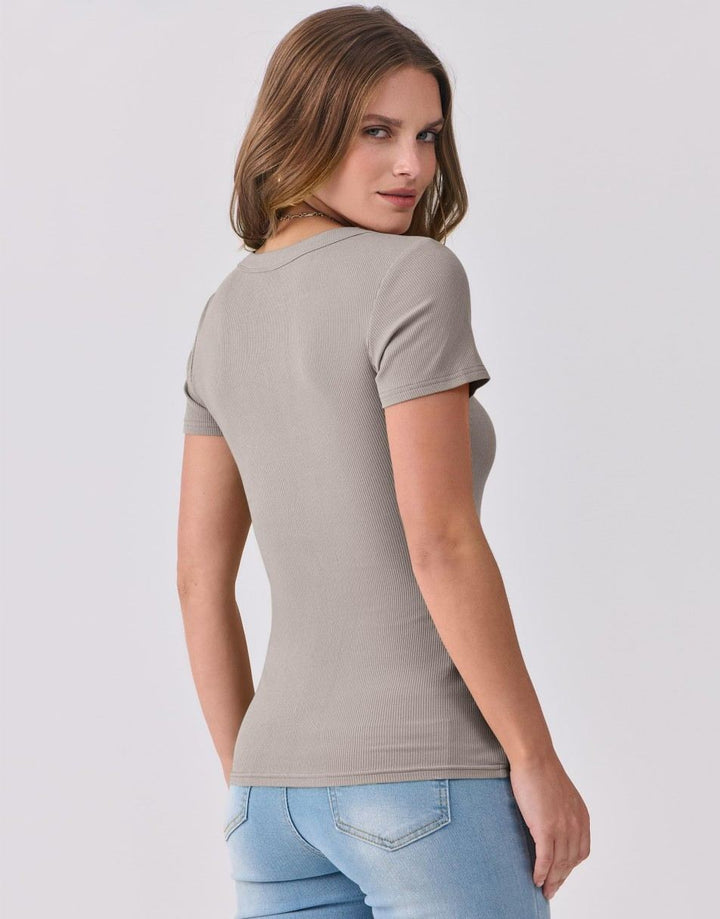 ANRABESS Fitted Ribbed V-Neck Short Sleeve Top