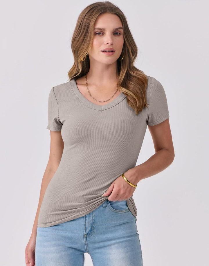 ANRABESS Fitted Ribbed V-Neck Short Sleeve Top