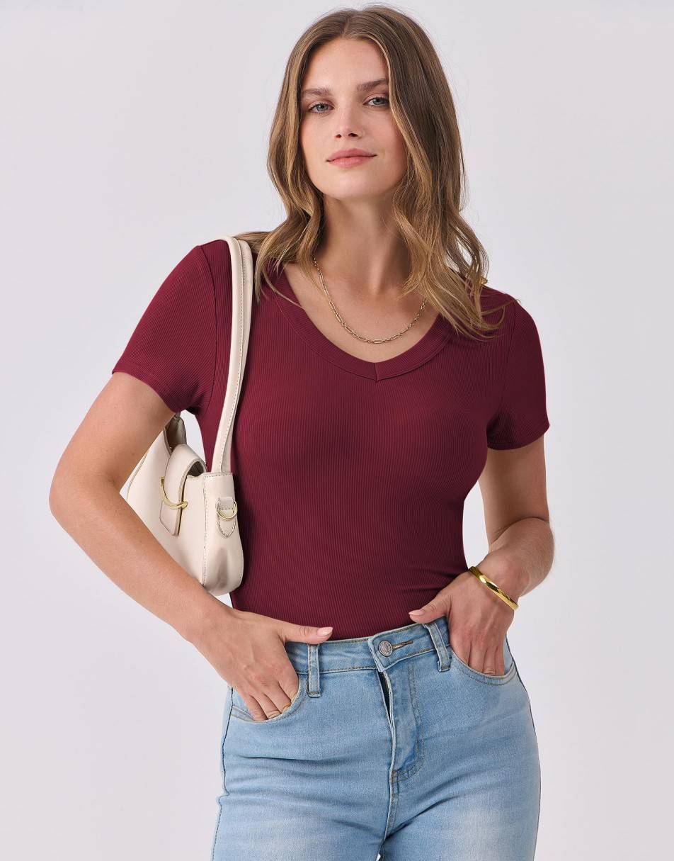 ANRABESS Fitted Ribbed V-Neck Short Sleeve Top