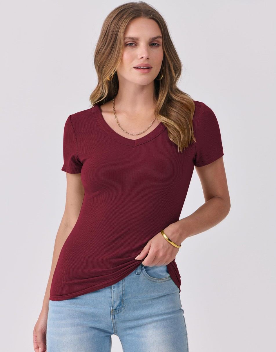 ANRABESS Fitted Ribbed V-Neck Short Sleeve Top