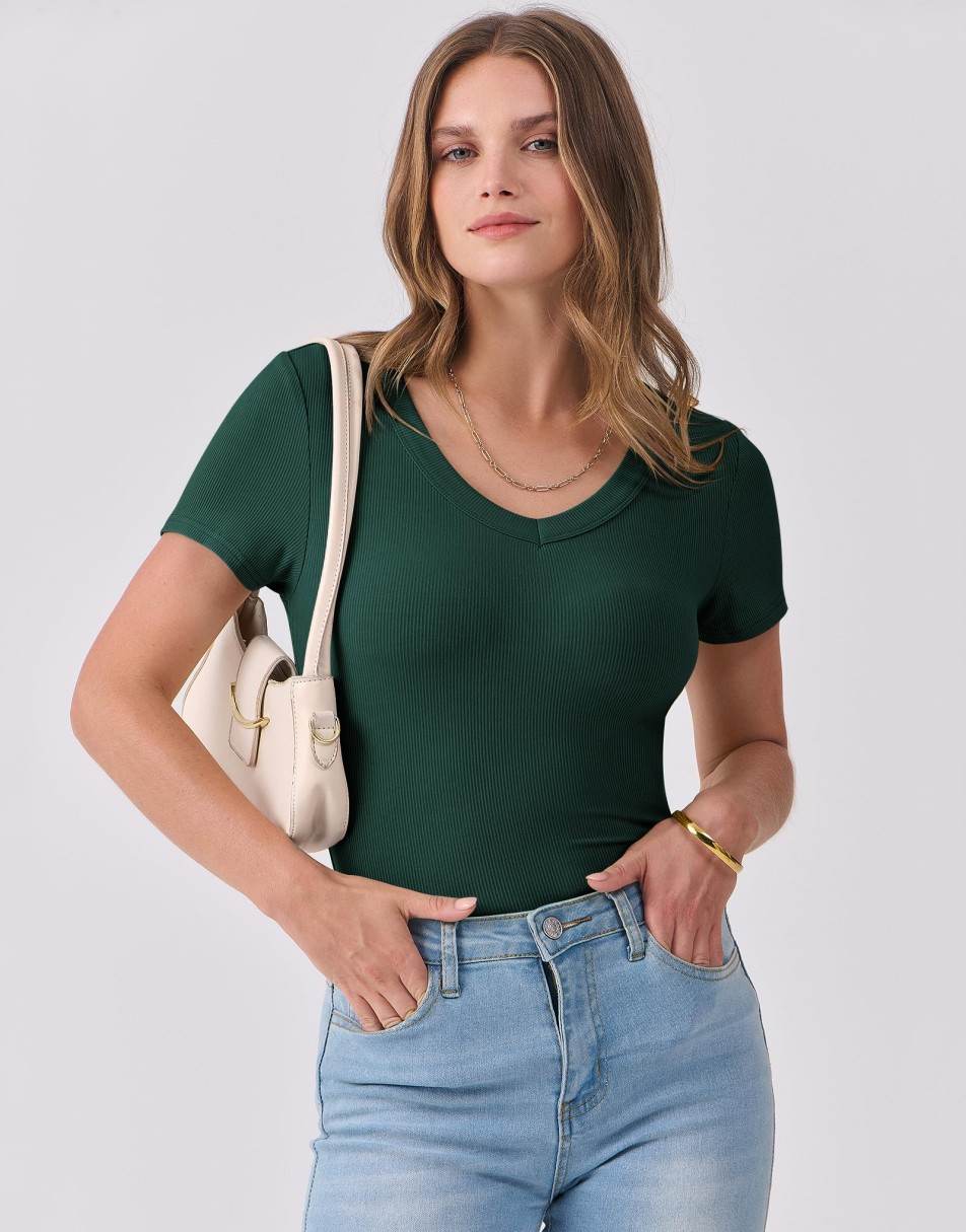 ANRABESS Fitted Ribbed V-Neck Short Sleeve Top