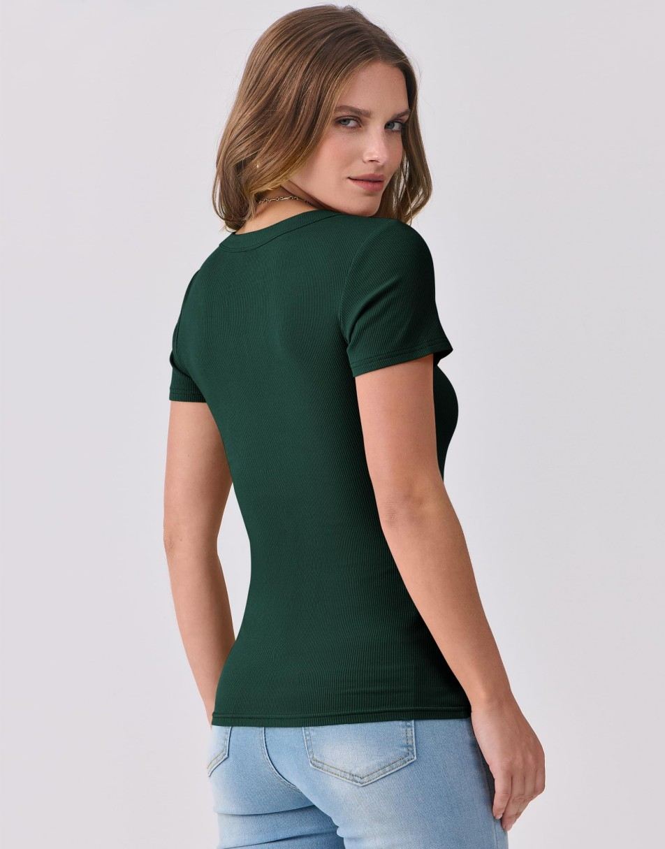 ANRABESS Fitted Ribbed V-Neck Short Sleeve Top