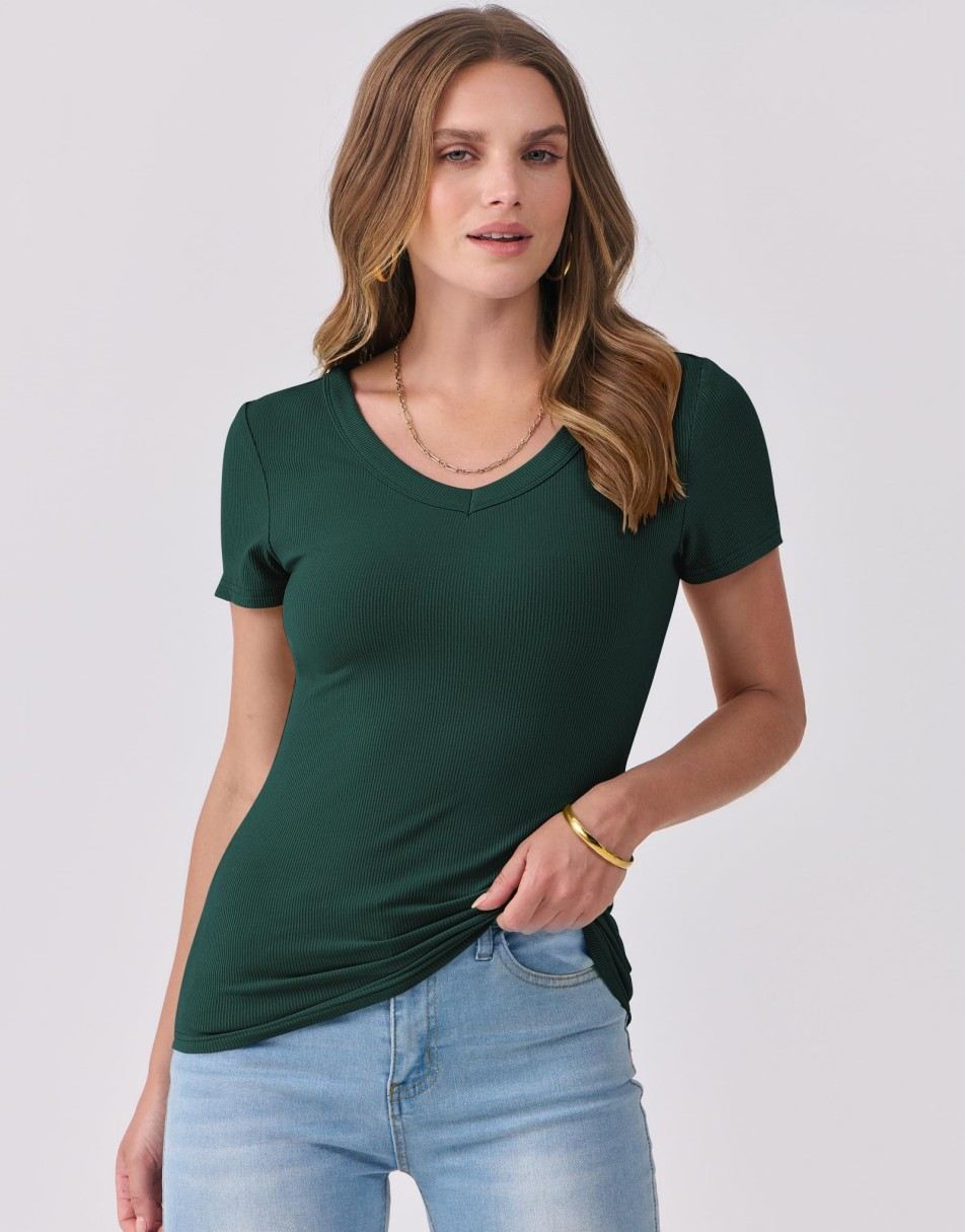 ANRABESS Fitted Ribbed V-Neck Short Sleeve Top