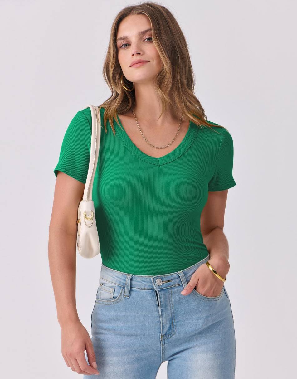 ANRABESS Fitted Ribbed V-Neck Short Sleeve Top