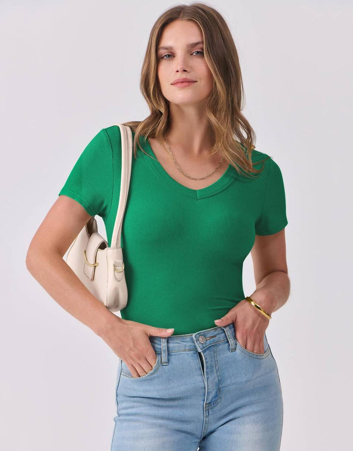 ANRABESS Fitted Ribbed V-Neck Short Sleeve Top