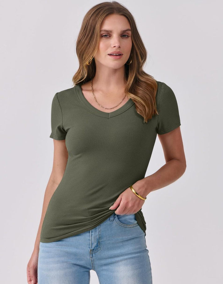 ANRABESS Fitted Ribbed V-Neck Short Sleeve Top