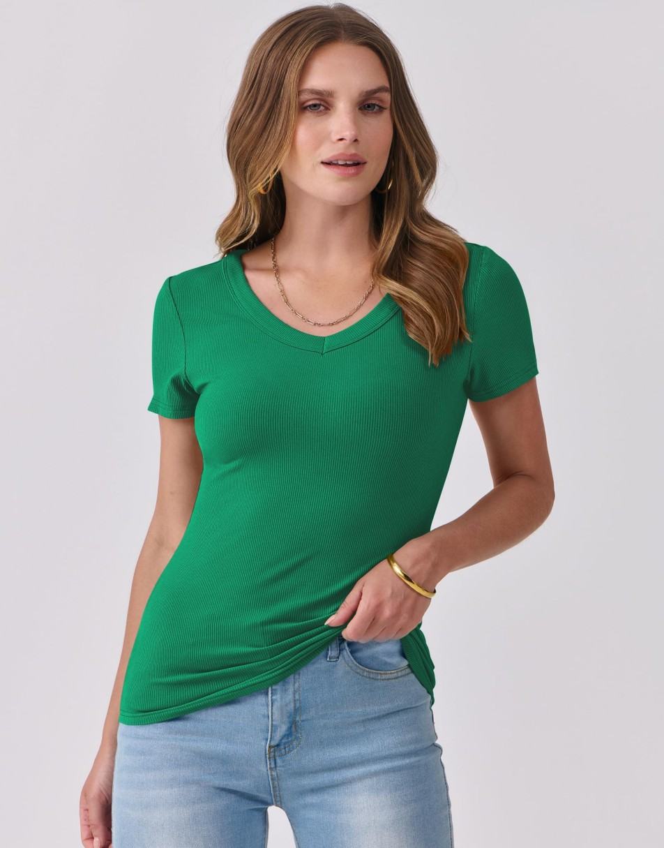 ANRABESS Fitted Ribbed V-Neck Short Sleeve Top