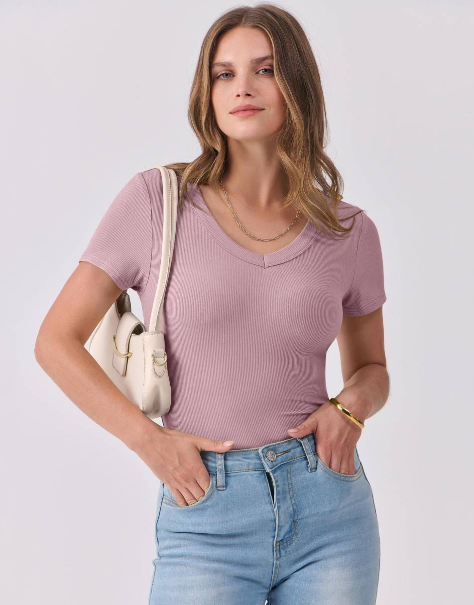 ANRABESS Fitted Ribbed V-Neck Short Sleeve Top