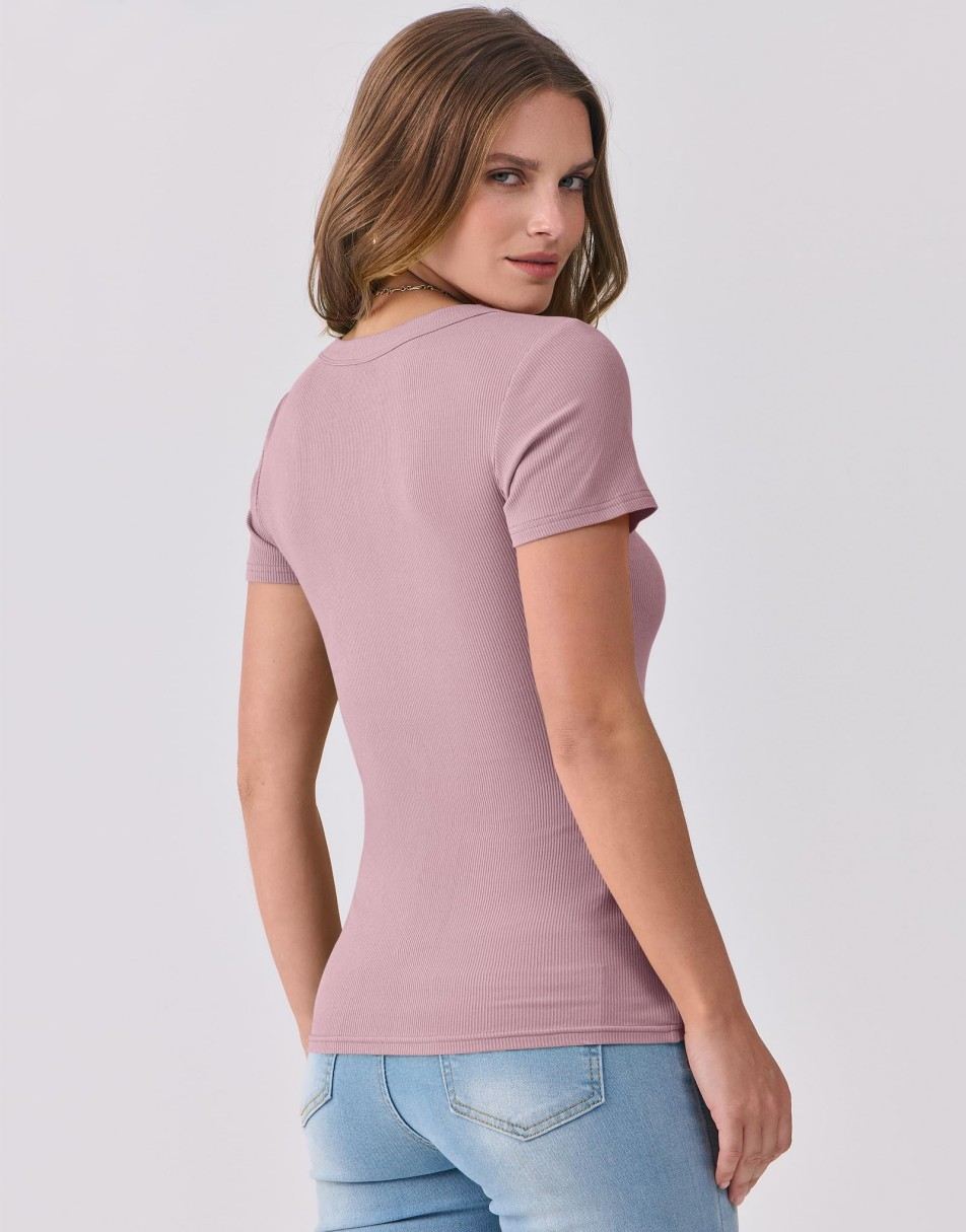 ANRABESS Fitted Ribbed V-Neck Short Sleeve Top