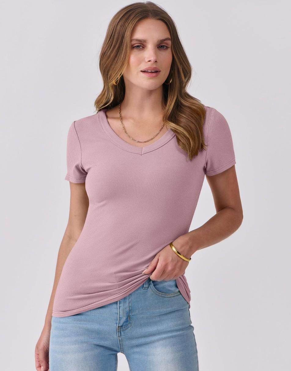 ANRABESS Fitted Ribbed V-Neck Short Sleeve Top