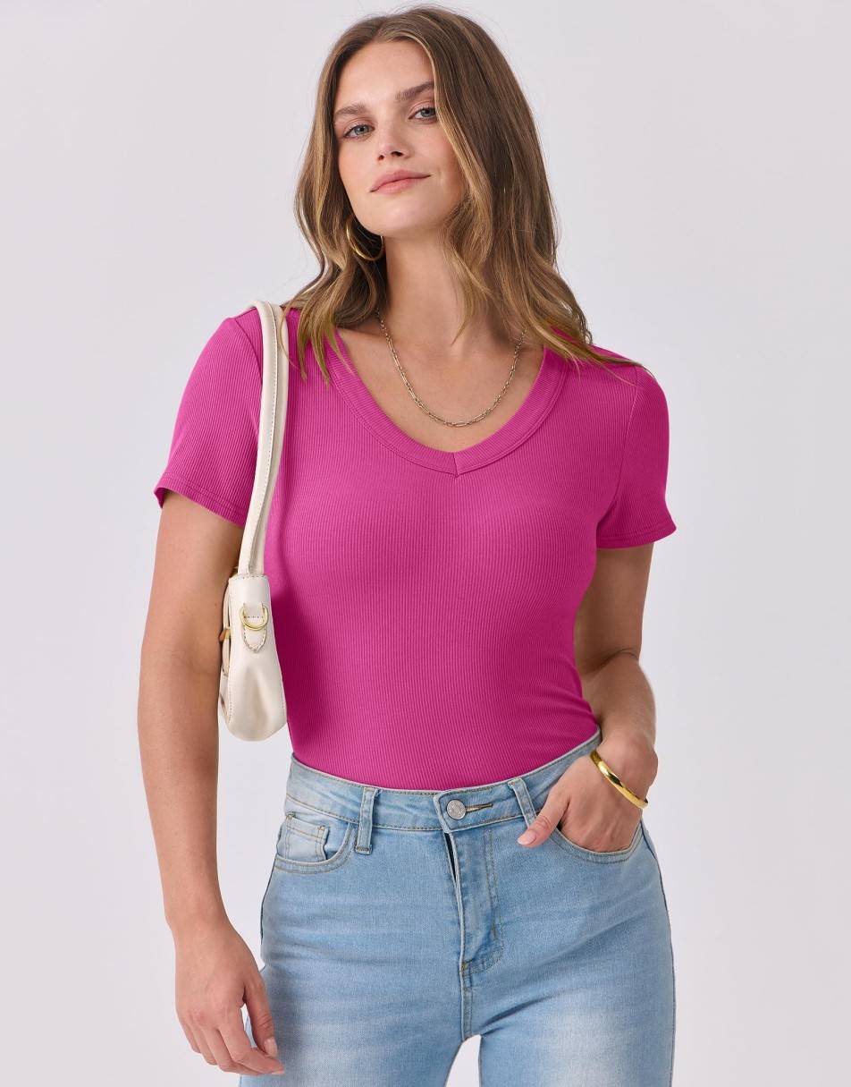 ANRABESS Fitted Ribbed V-Neck Short Sleeve Top