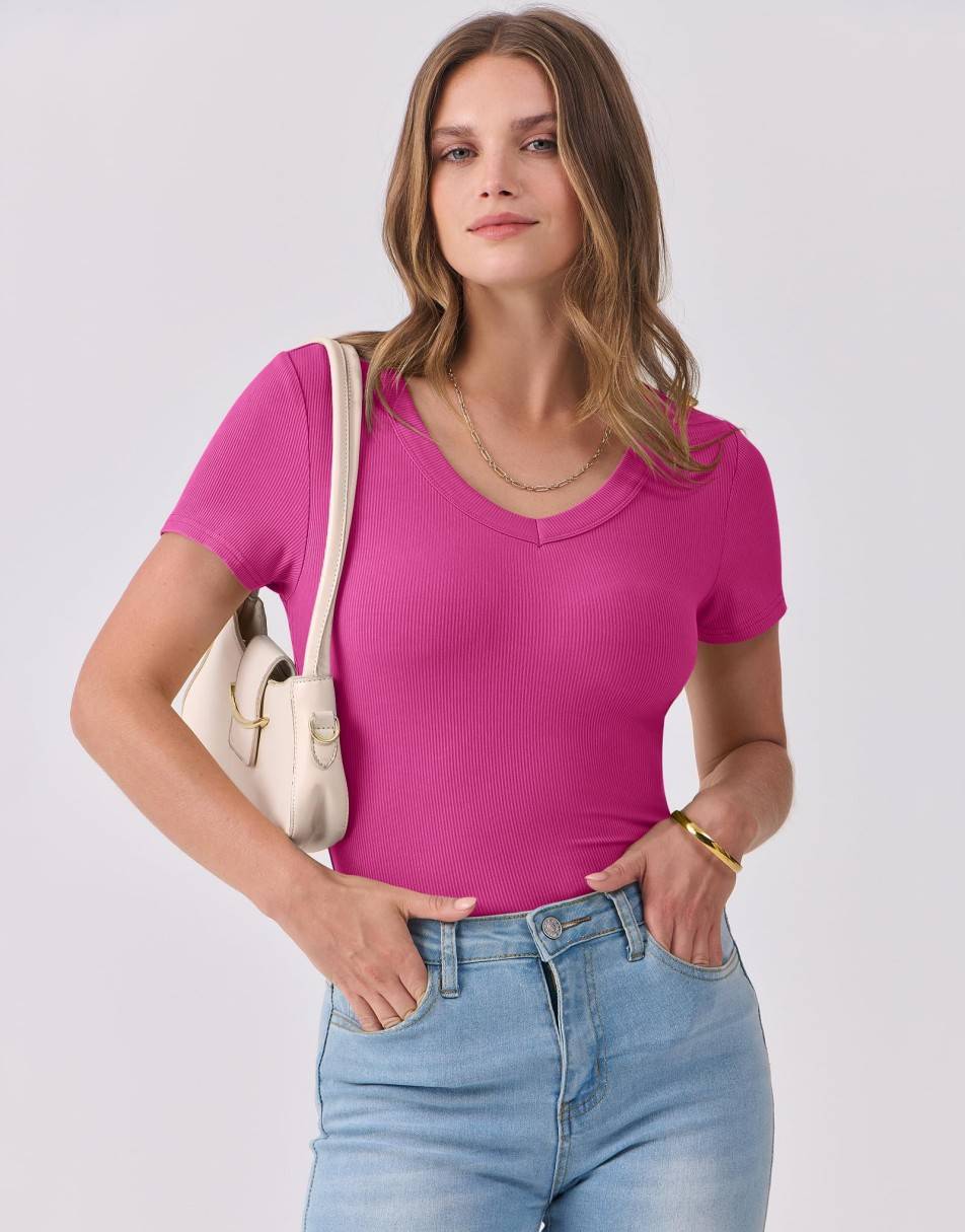 ANRABESS Fitted Ribbed V-Neck Short Sleeve Top