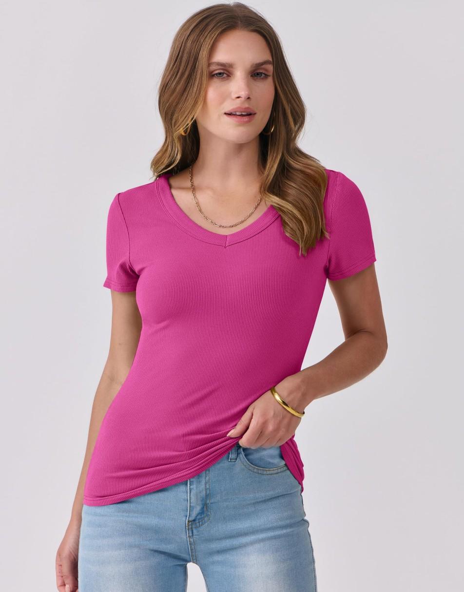 ANRABESS Fitted Ribbed V-Neck Short Sleeve Top