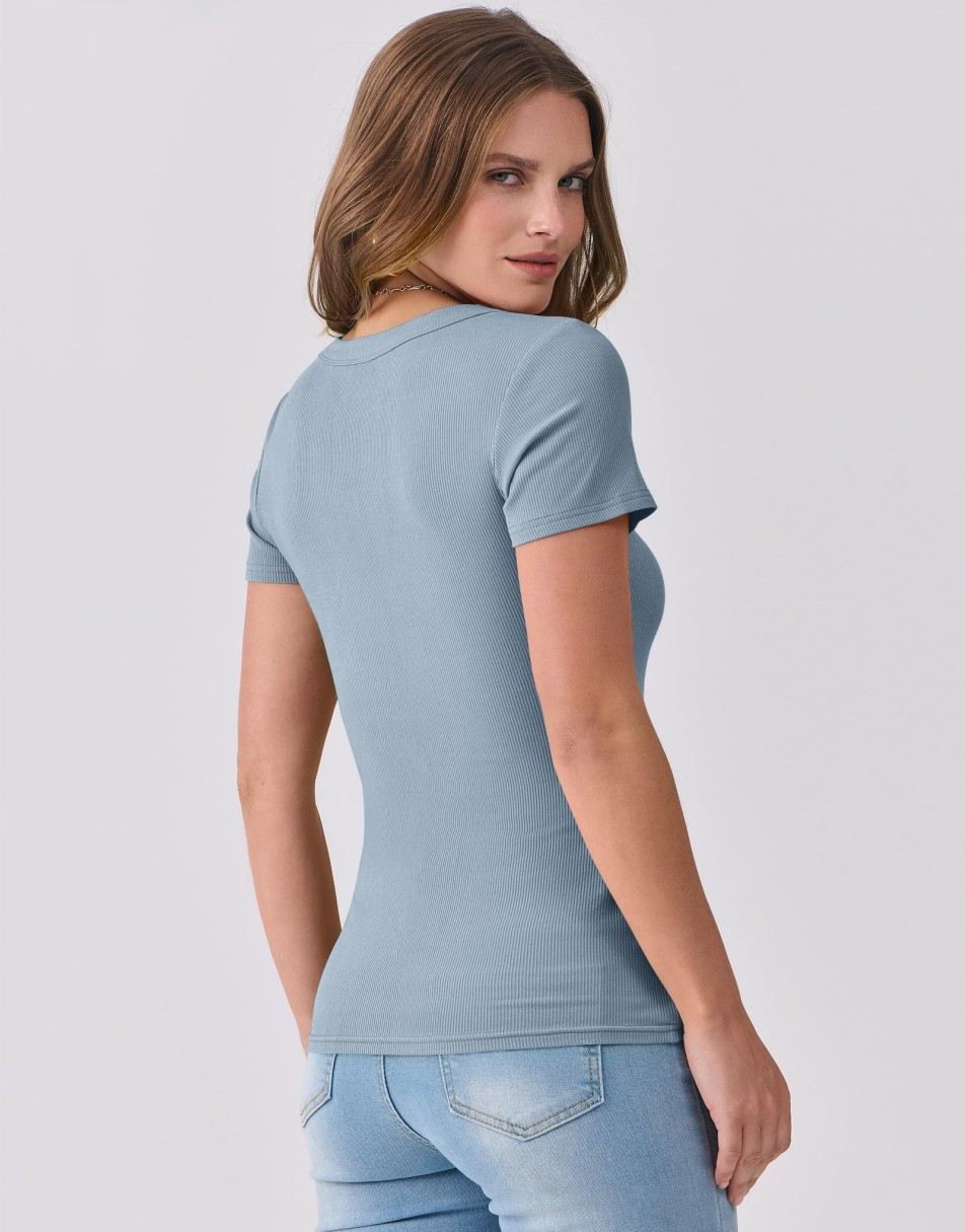 ANRABESS Fitted Ribbed V-Neck Short Sleeve Top