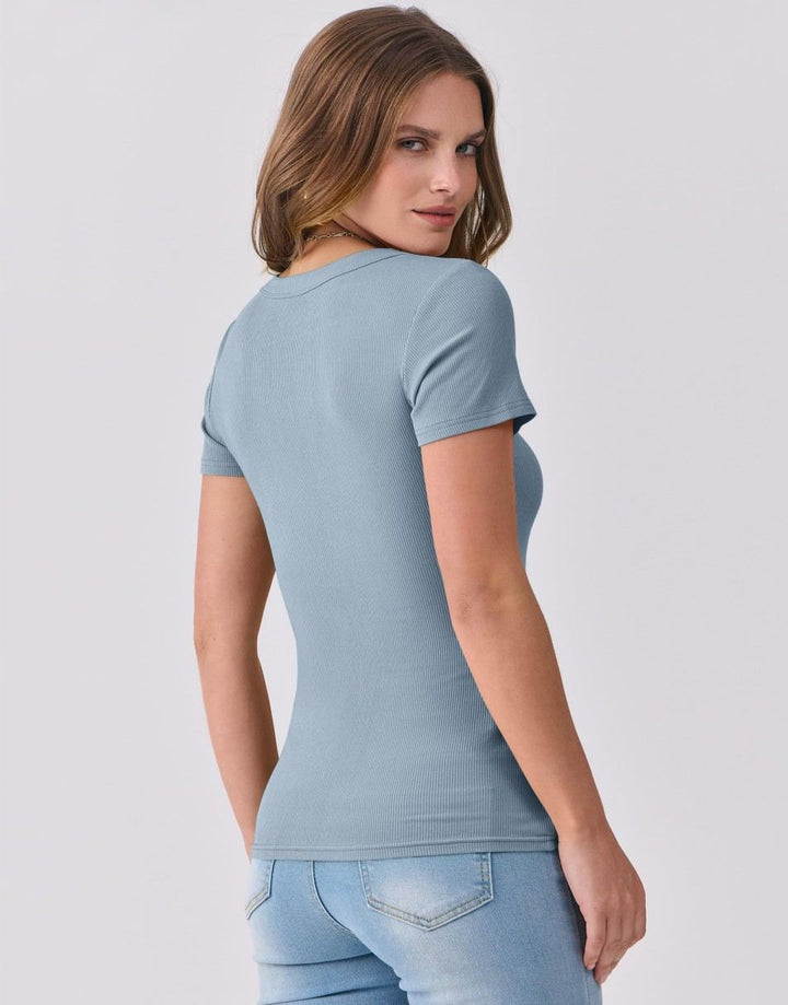 ANRABESS Fitted Ribbed V-Neck Short Sleeve Top