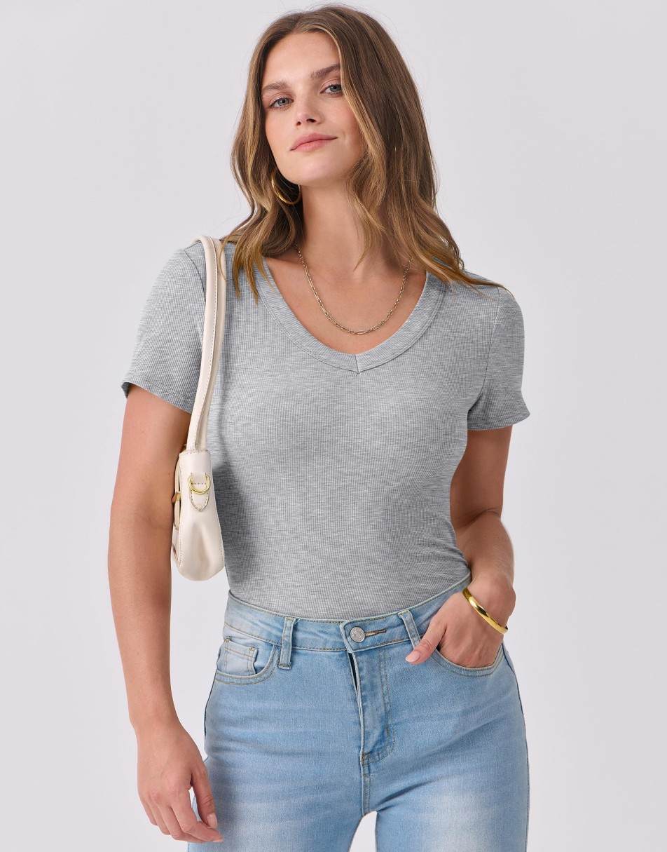ANRABESS Fitted Ribbed V-Neck Short Sleeve Top