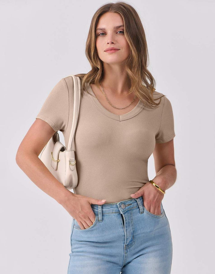 ANRABESS Fitted Ribbed V-Neck Short Sleeve Top