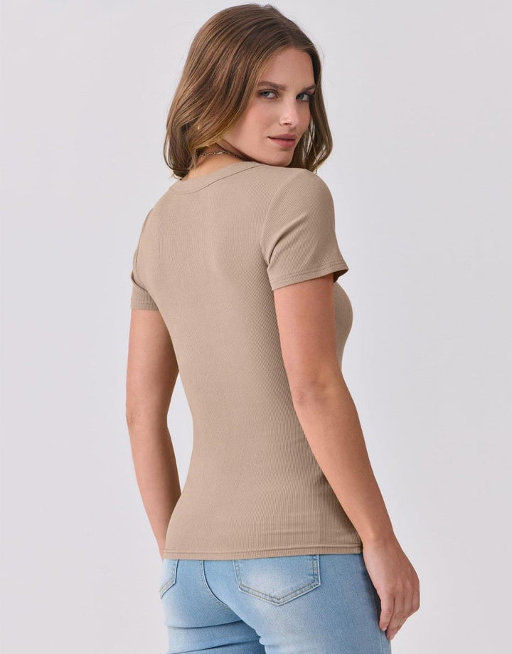 ANRABESS Fitted Ribbed V-Neck Short Sleeve Top