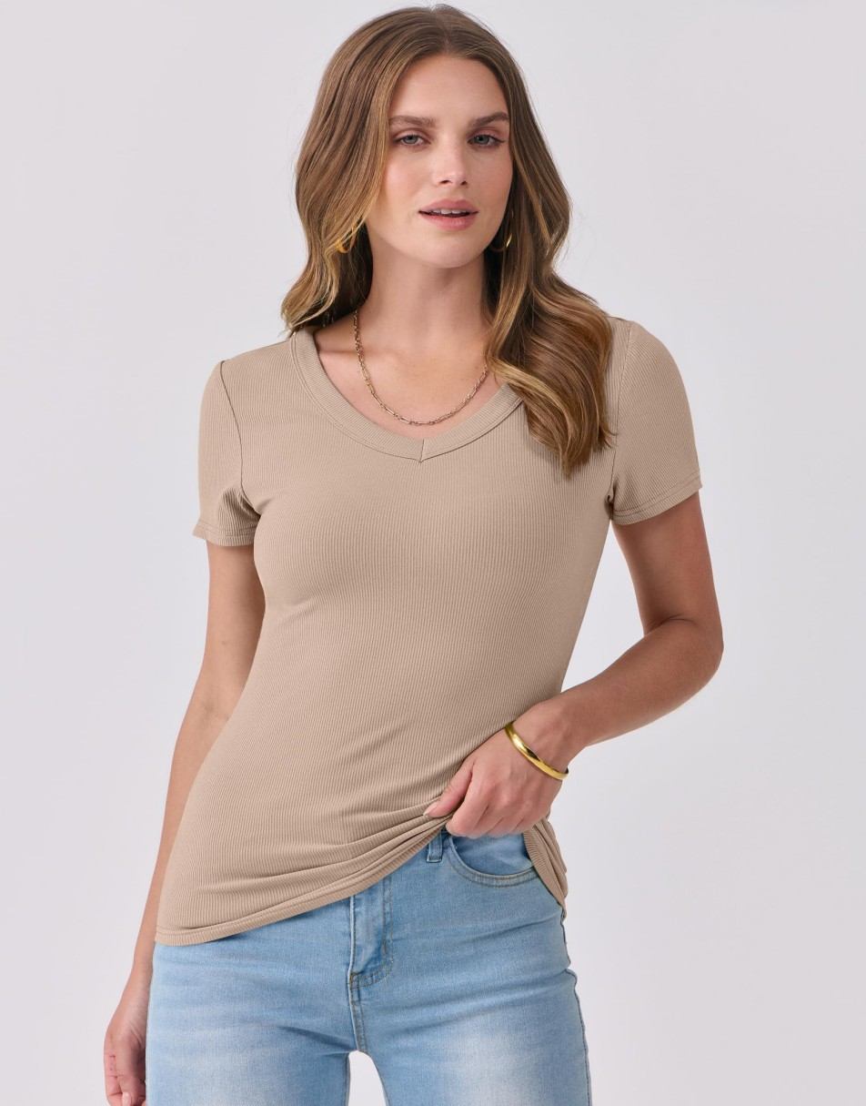 ANRABESS Fitted Ribbed V-Neck Short Sleeve Top