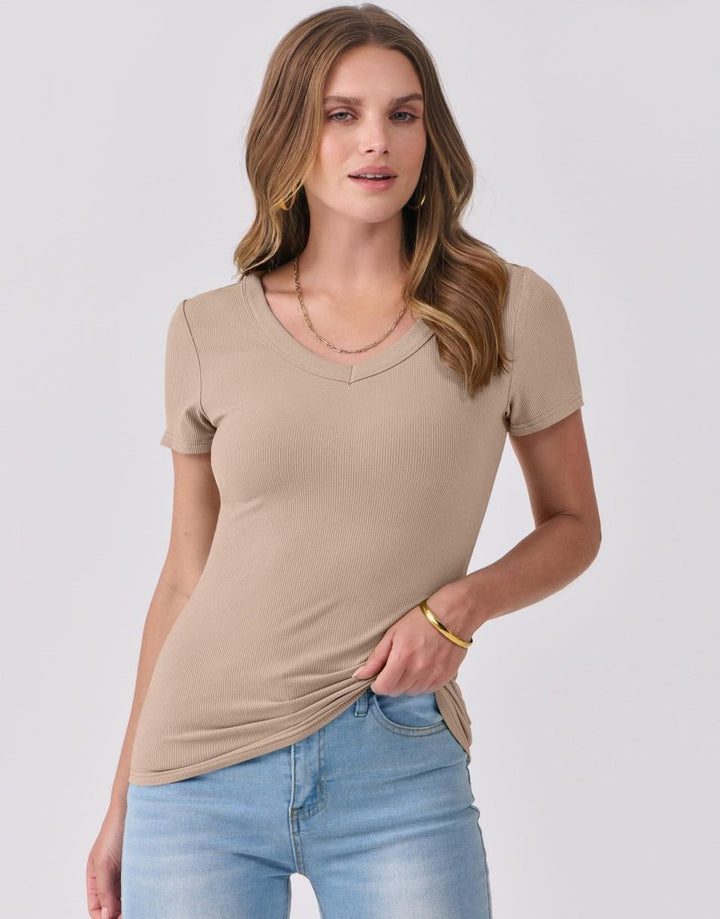 ANRABESS Fitted Ribbed V-Neck Short Sleeve Top