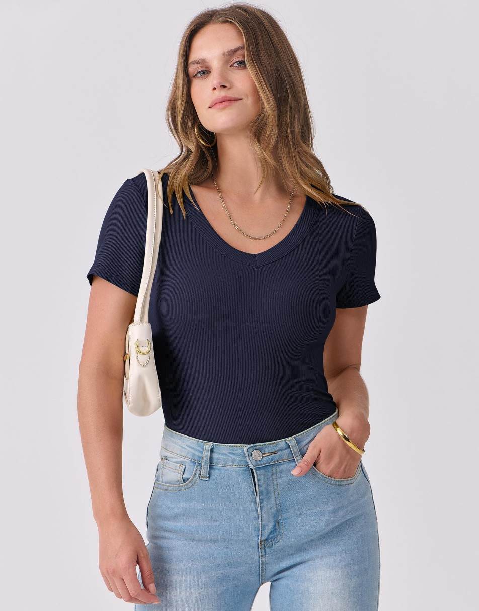 ANRABESS Fitted Ribbed V-Neck Short Sleeve Top