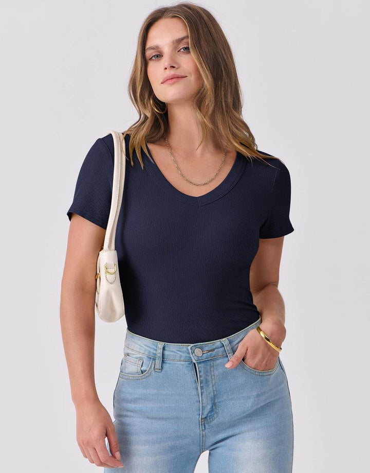 ANRABESS Fitted Ribbed V-Neck Short Sleeve Top