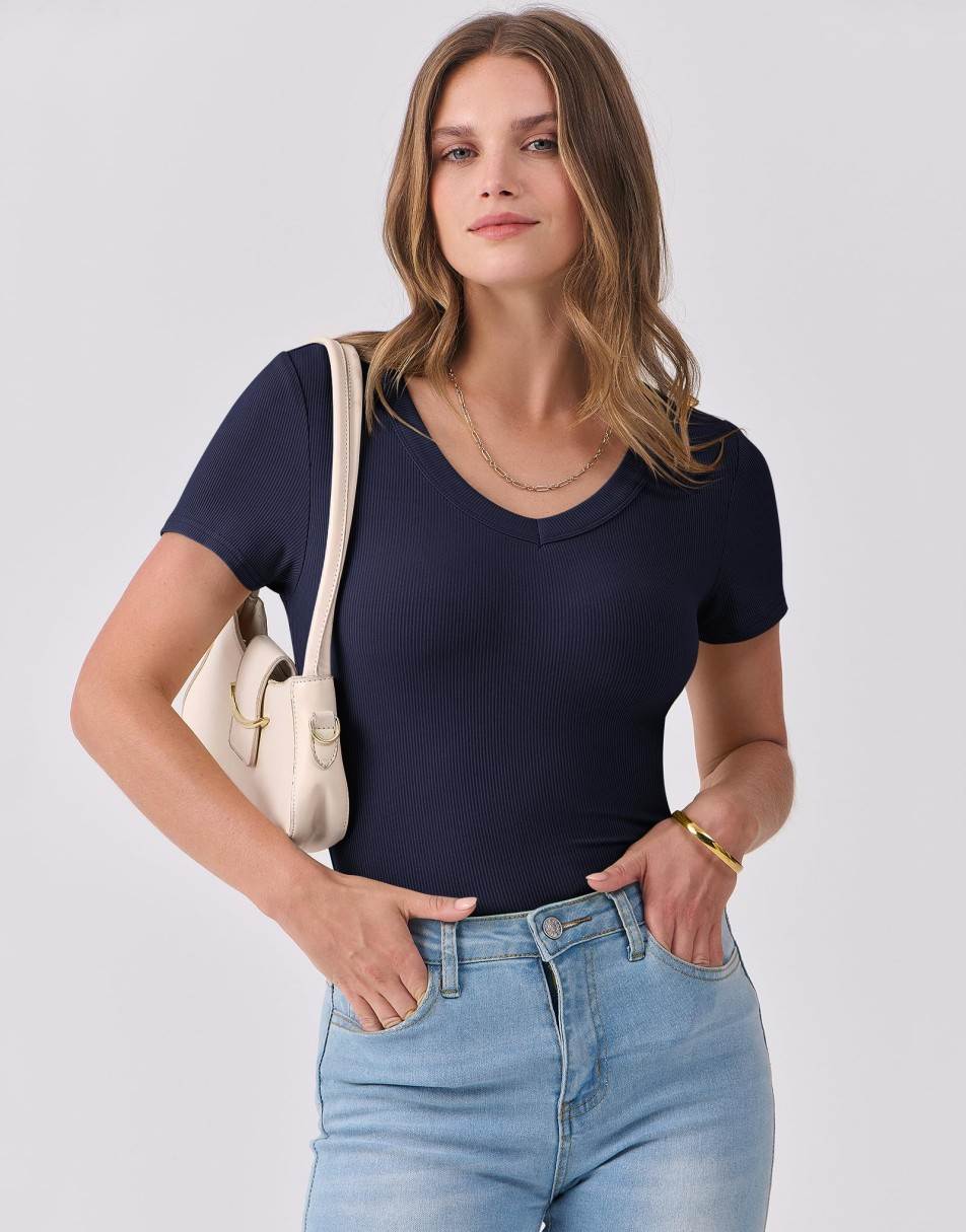 ANRABESS Fitted Ribbed V-Neck Short Sleeve Top