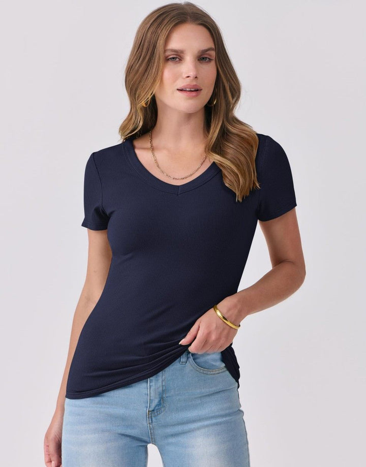 ANRABESS Fitted Ribbed V-Neck Short Sleeve Top