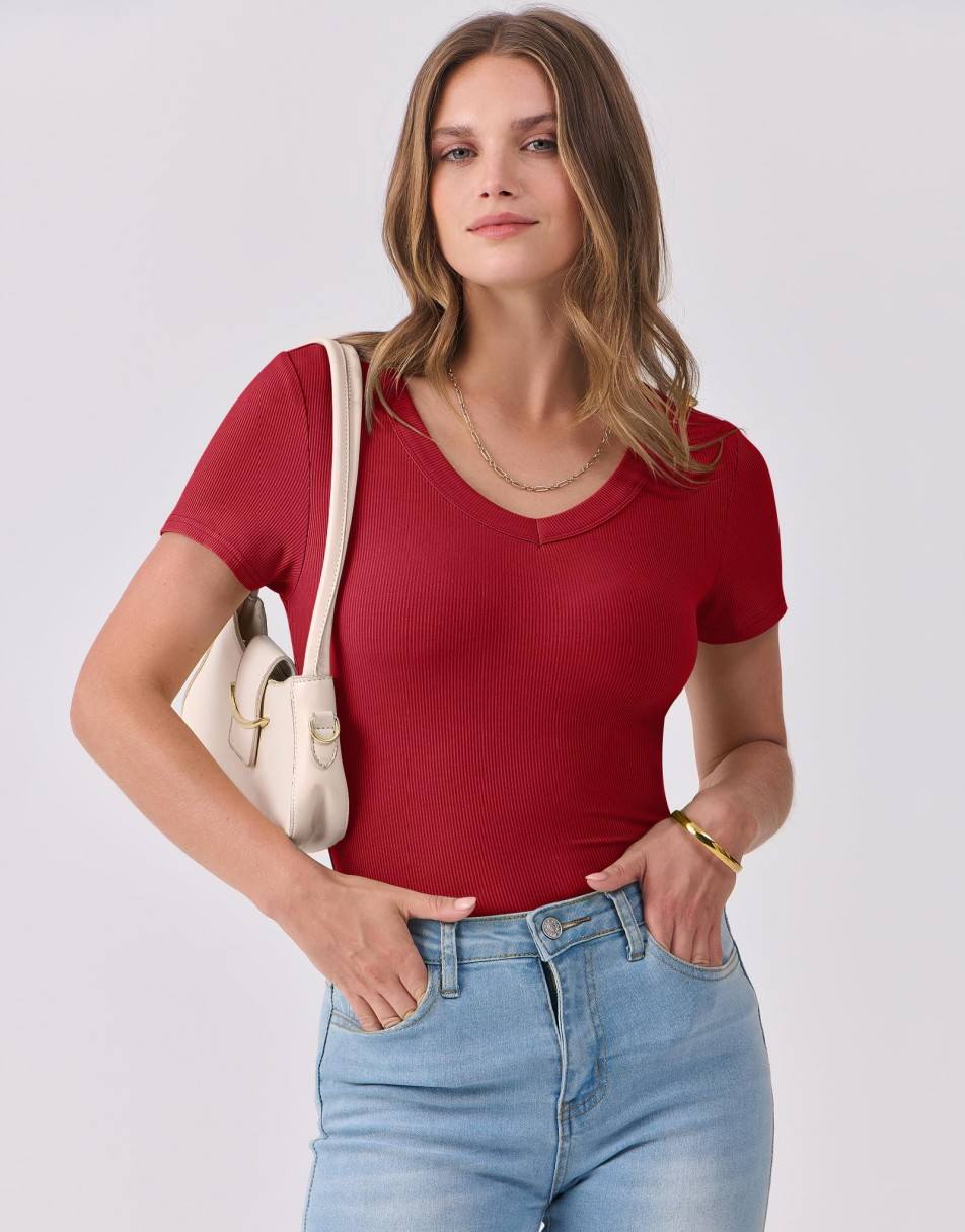 ANRABESS Fitted Ribbed V-Neck Short Sleeve Top