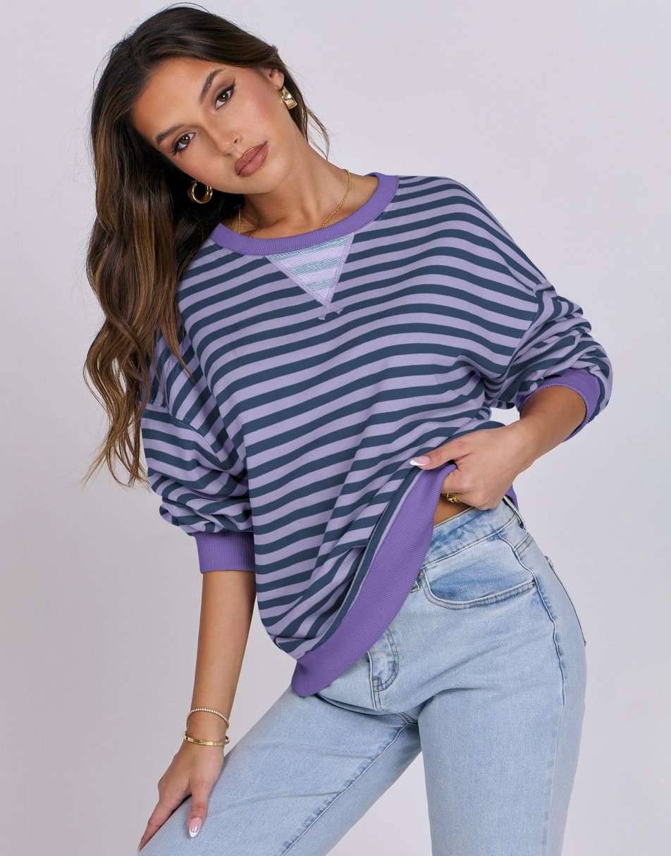 ANRABESS Women's Striped Oversized Long Sleeve Sweatshirt