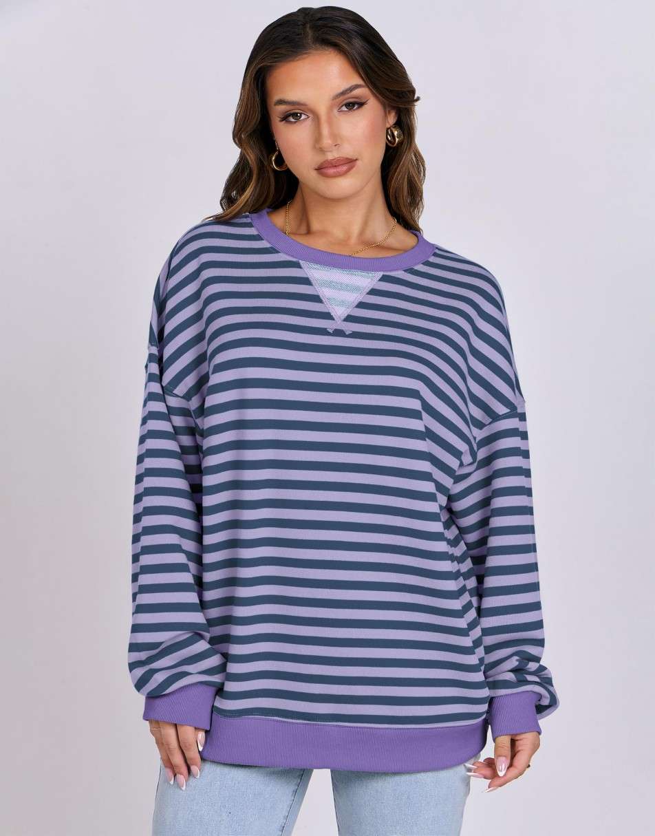 ANRABESS Women's Striped Oversized Long Sleeve Sweatshirt