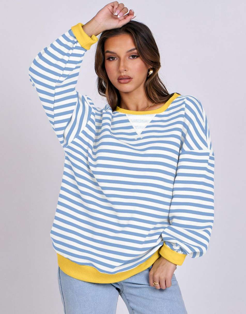 ANRABESS Women's Striped Oversized Long Sleeve Sweatshirt