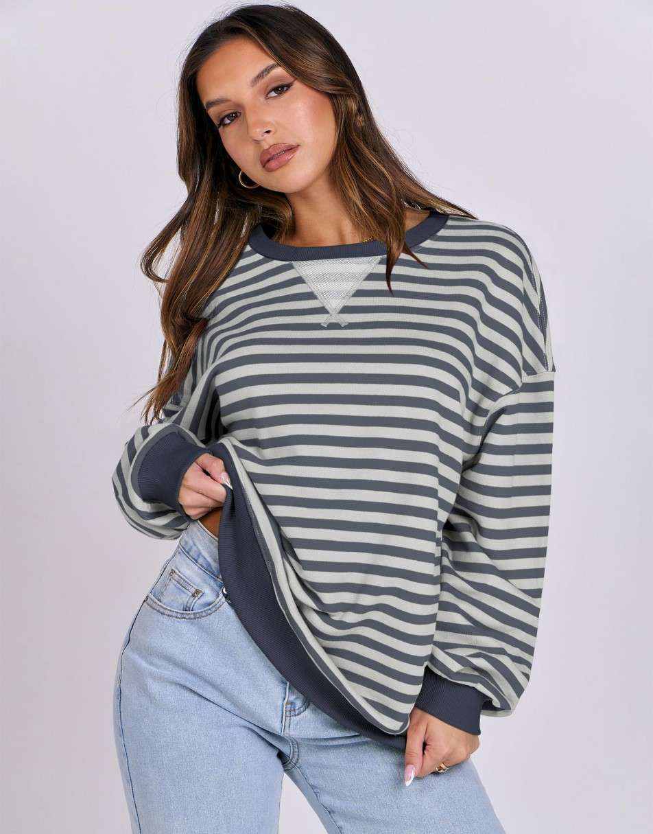 ANRABESS Women's Striped Oversized Long Sleeve Sweatshirt