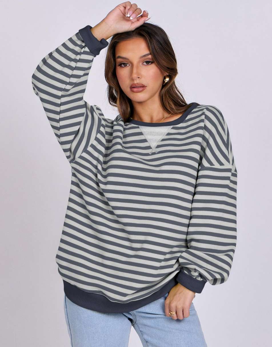 ANRABESS Women's Striped Oversized Long Sleeve Sweatshirt