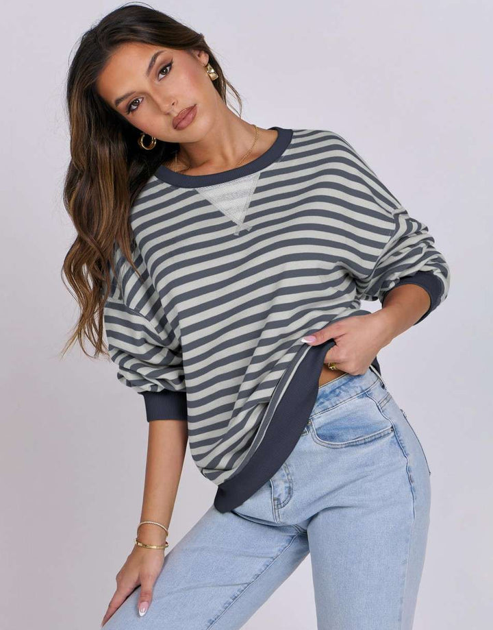 ANRABESS Women's Striped Oversized Long Sleeve Sweatshirt