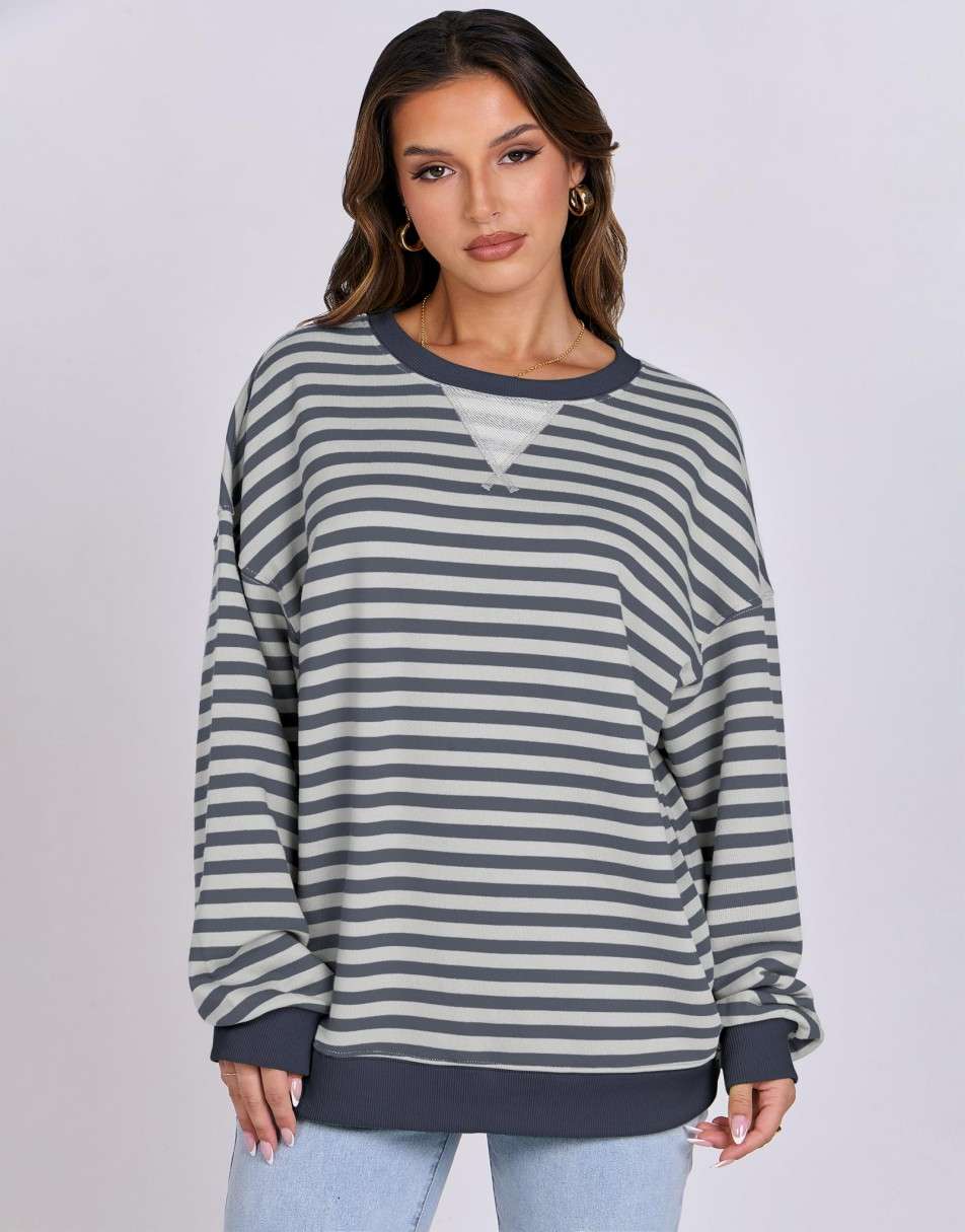 ANRABESS Women's Striped Oversized Long Sleeve Sweatshirt