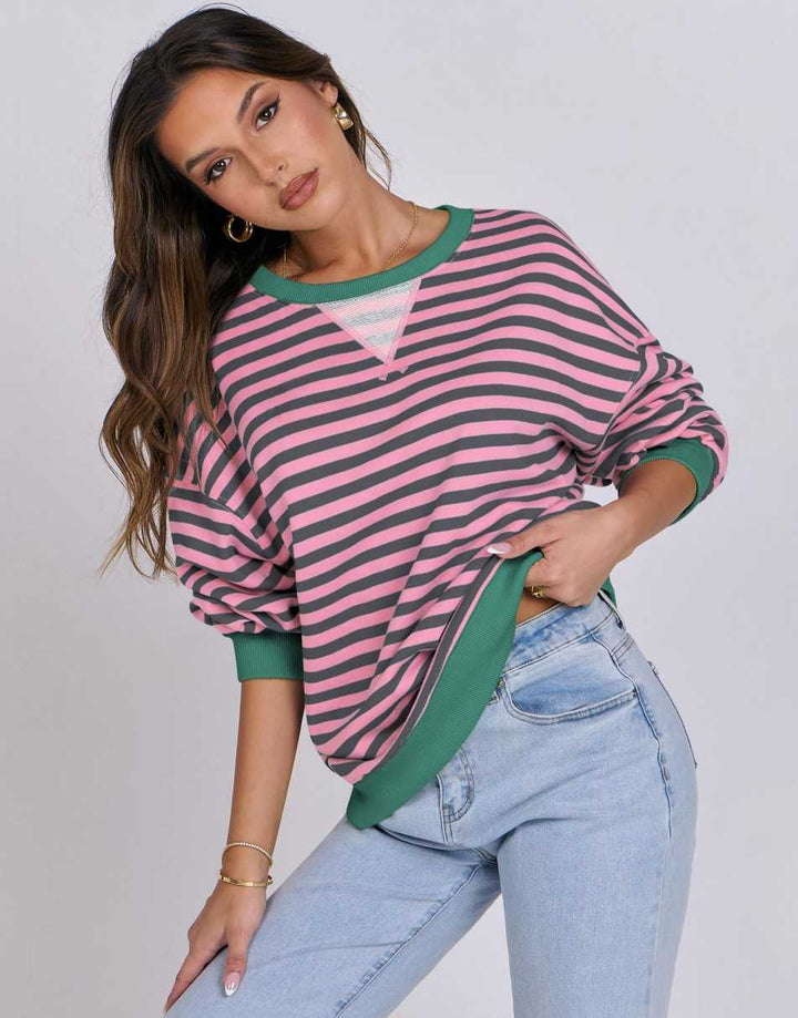ANRABESS Women's Striped Oversized Long Sleeve Sweatshirt
